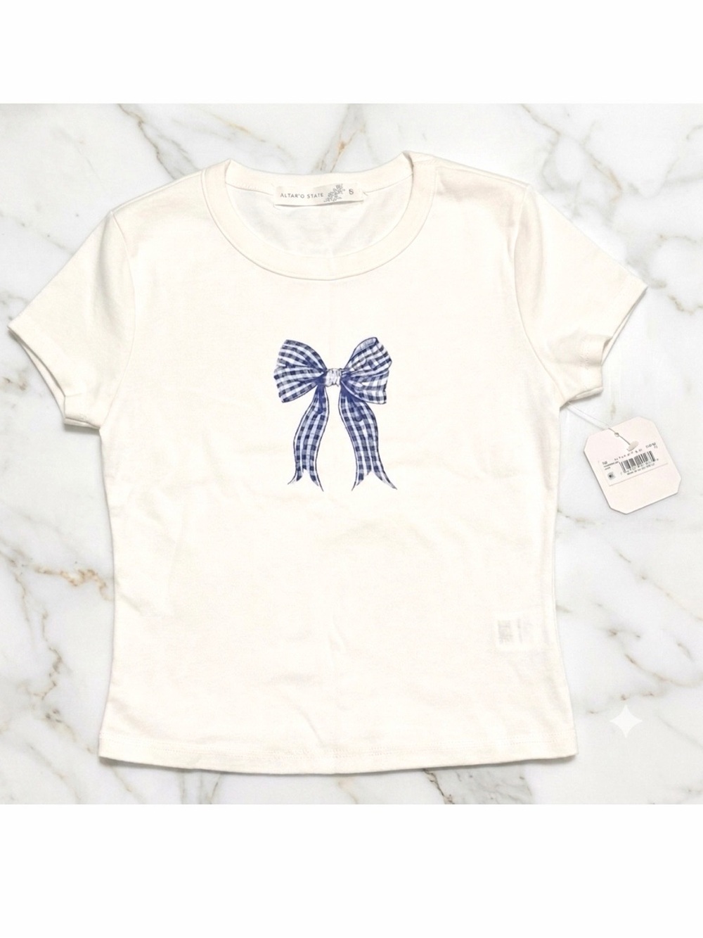 NWT Altar'd State Gingham Bow Baby Ivory Tee
